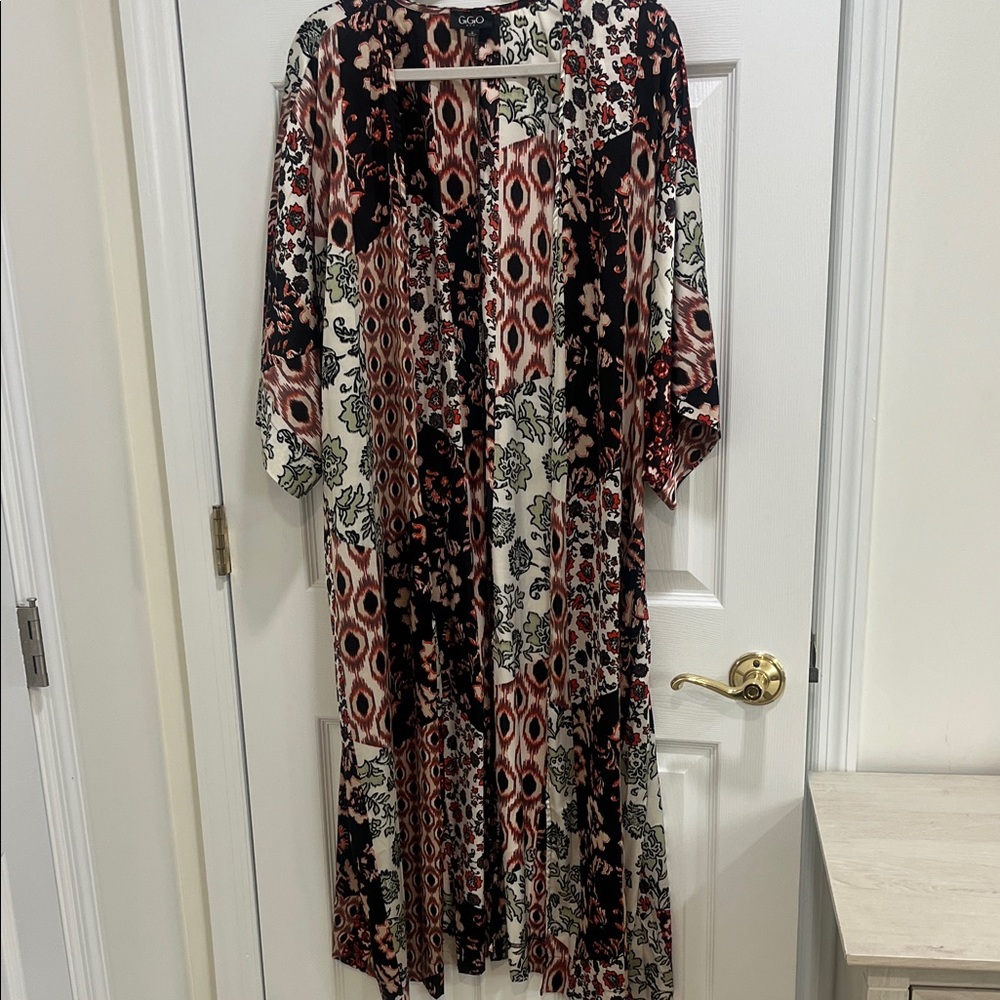 Women's Black, Red, and Cream Long Short sleeve kimono